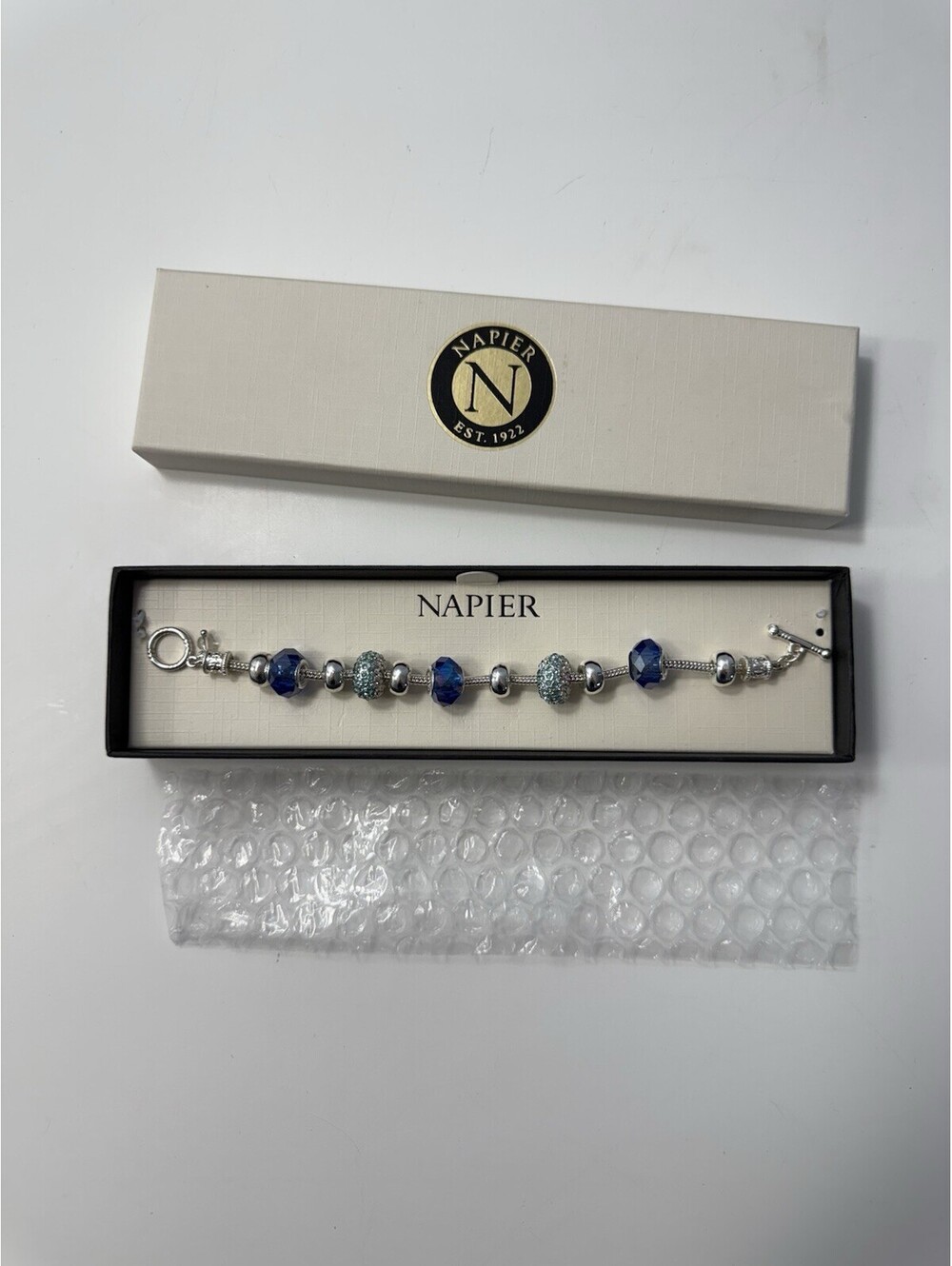 Napier Bracelet Silver Tone Iridescent Blue Crystal Beads Toggle Clasp 7 1/2” L